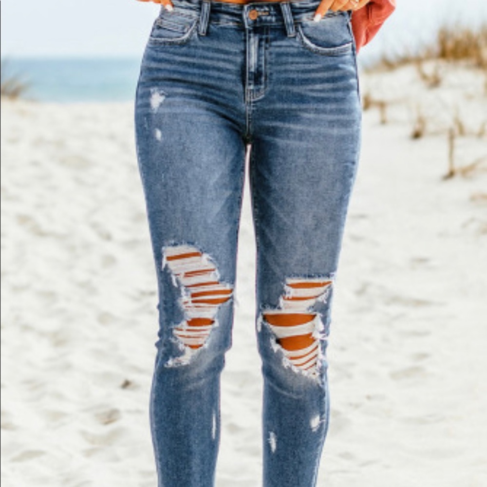 Dark Blue Casual Ripped Raw Hem Skinny Jeans - Picture 1 of 3